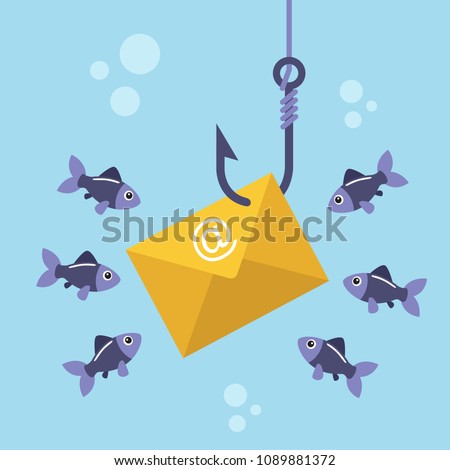 Email envelope on fishing hook and fishes swimming around. Netwrok and internet security concept. Vector illustration