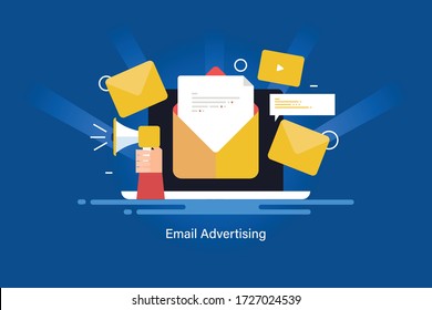 E-Mail-Umschlag auf Laptop-Bildschirm, E-Mail-Öffnungsrate, E-Mails an Abonnenten, E-Mail-Marketing - konzeptionelle Vektor-Illustration mit Symbolen
