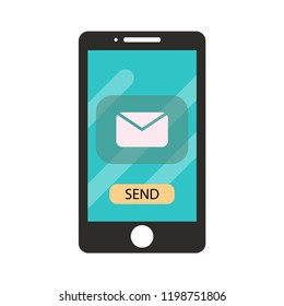 Email envelope on the screen of a modern smart phone flat vector illustration. Messaging mobile app symbol. Sending messages online icon. Communication or business marketing concept. Technology gadget