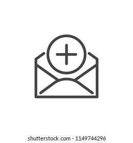 Email envelope with plus sign. Linear icon of receive message concept. Add news or post. Graphic pictograph for ui, sites interface, mobile applications, messengers, social networks. Vector isolated