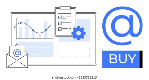 Envelope de email com símbolo, gráfico analítico com área de transferência e lista de verificação, ícone de engrenagem e botão Comprar de e-commerce. Ideal para marketing, e-commerce, lógica analítica, campanhas de e-mail, estratégia de negócios