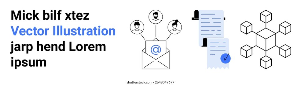 Email envelope with user icons, documents with checkmark, and blockchain network pattern. Ideal for digital communication, email marketing, document sharing, blockchain technology, online security