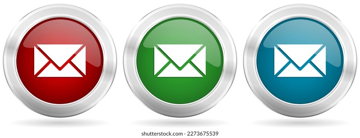 Correo electrónico, conjunto de iconos del vector del sobre. Botones de web metálicos de plata roja, azul y verde con borde cromado