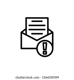 Email with error icon in line art style on white background, Dangerous message, Envelope icon with exclamation mark, Envelope icon and alert, error, alarm, danger symbol