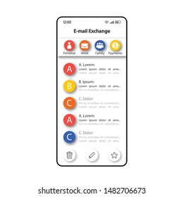 E-mail exchange smartphone interface vector template. Mobile app page white design layout. Incoming letters screen. Flat UI for application. Personal correspondence manager phone display
