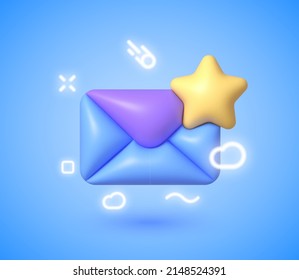 Email Favorites 3d Neon in 3d style on blue background. 3d render illustration. Isolated vector illustration. Business icon. Message notification icon. Render new email notification