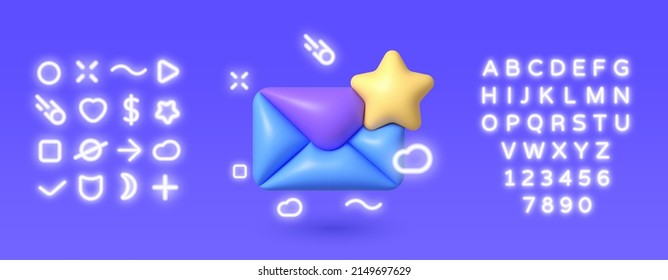 Email Favorites 3d Neon in 3d style on blue background. 3d render illustration. Isolated vector illustration. Business icon. Message notification icon. Render new email notification
