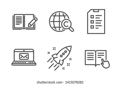 E-mail, Feedback and International copyright icons simple set. Startup rocket, Checklist and Read instruction signs. New message, Book with pencil. Education set. Line e-mail icon. Editable stroke