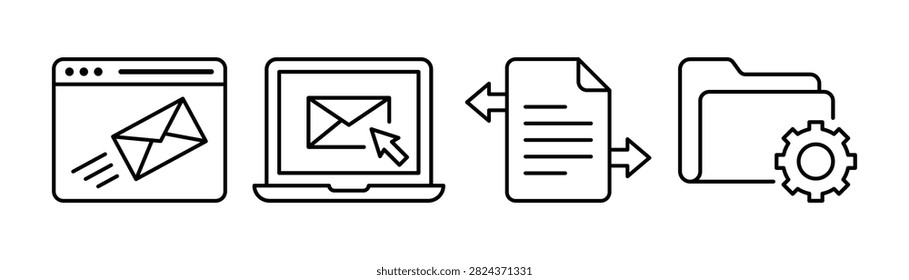Email and file transfer outline icon set, digital communication and document sharing symbols, online message, data exchange and file management vector illustration