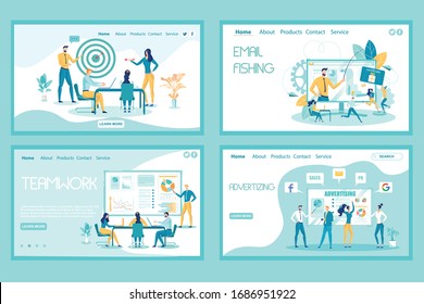 Email Fishing Landing Page Vector Template Set. Targeting Webpage Design Layout with Flat Illustrations. Online Promotion Website, Web Banners. Colleagues Discussing Business Strategy