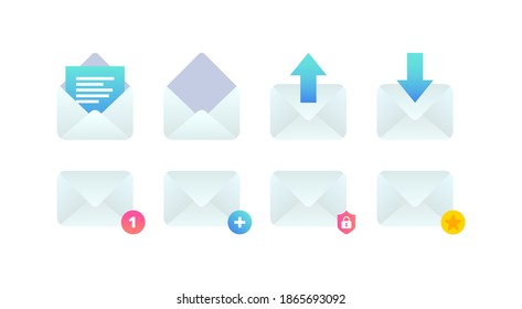 Juego de iconos plano de correo electrónico, Nueva notificación de mensaje entrante, abrir, añadir nuevo mensaje, enviar el signo de correo electrónico. Red social móvil, chat sms, favorito, nuevos símbolos vectores de correo para sitio web, aterrizaje, anuncio, aplicación