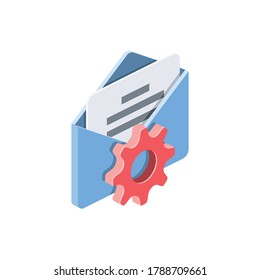 Email gear settings. Vector 3d isometric, color web icons set, new flat style. Creative illustration, idea for infographics.
