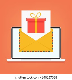 Email with gift box. Vector flat cartoon illustration