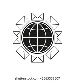 Email globe icon. Global communication symbol. Mail envelope illustration. Black vector design.