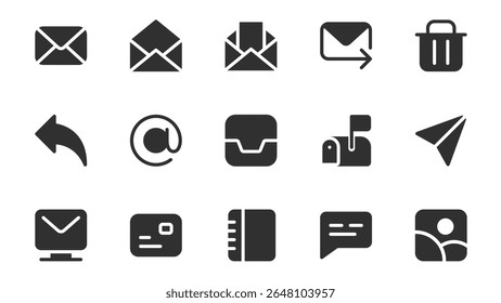 Pacote de ícones de glifo de email para design na Web. Ícone sólido com carta, envelope aberto, enviar e-mail, lixeira, resposta, caixa de correio, notificação, contato, catálogo de endereços e mais pictogramas. Ilustração vetorial.