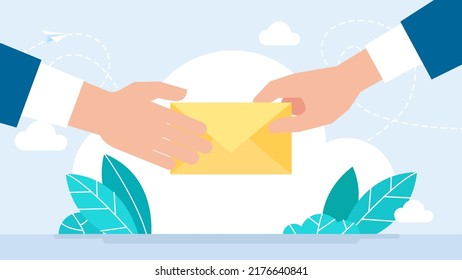 E-Mail in hand. Businessman holding envelope in hand, giving envelope another businessman. Yellow Mail envelope. The deal, business, message, delivery. Flat design style. Vector Illustration