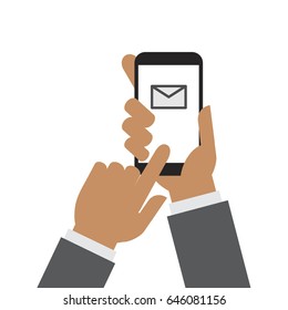 E-mail. Hand holding smartphone. Flat design.