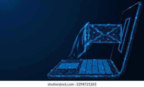 Email, a hand inserts an envelope with a letter into the laptop screen. Polygonal design of interconnected lines and points. Blue background.