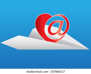 E-mail heart symbol flying on paper plane against the blue. Vector