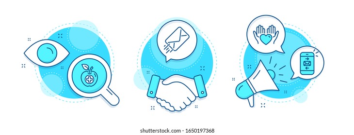 E-mail, Hold heart and Mail line icons set. Handshake deal, research and promotion complex icons. Medical food sign. Mail delivery, Care love, Smartphone communication. Apple. Business set. Vector