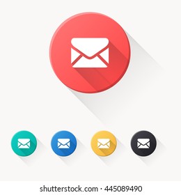 email icon or button in flat style with long shadow, isolated vector illustration on white transparent background