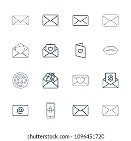 Email icon. collection of 16 email outline icons such as mail, love letter, envelope with dollar bill, hand on smartphone. editable email icons for web and mobile.