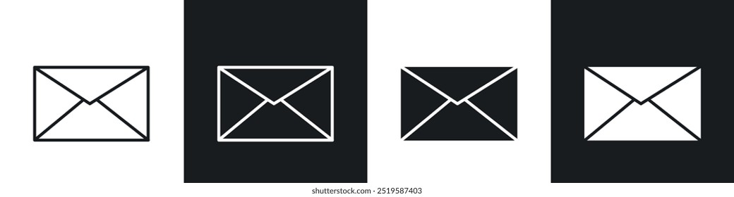 Email icon collection in black and white filled and stroke line style.