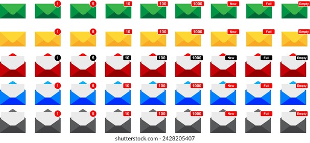 email icon collection in green, yellow, red, blue and black colors with email count notification dots