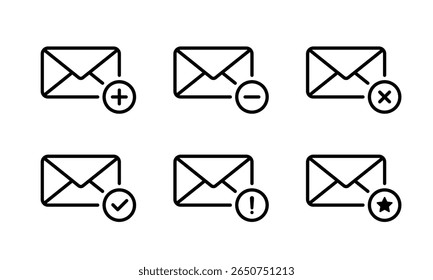 Email icon collection with various action signs. Includes plus, minus, delete, confirm, warning, and star symbol