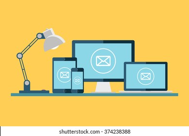 Email icon. Desktop computer, laptop, tablet and smartphone with email icon on the screen. Vector illustration.