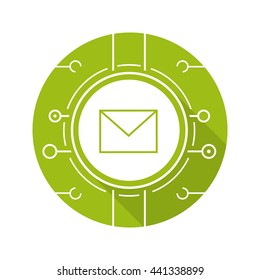Email icon. Drop shadow digital silhouette symbol. Sms message. Email letter with microchip pathways. Negative space. Vector isolated illustration