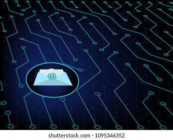 Email icon with Electric circuits background. neon light electric circuit background for business and modern technology background. Modern Email icon style. Neon glow in the dark electric circuits.