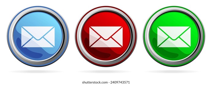 Email icon. Envelope Mail services. Blue, Red and Green silver metallic web buttons. Vector symbol design illustration