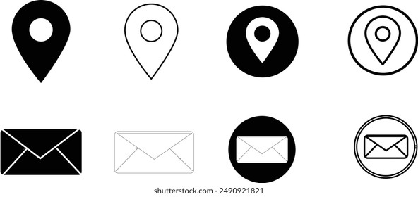 E-Mail-Symbol. Briefumschlagdienste. Kontakte Nachricht Brief senden isoliert flach. Standortsymbol. Adressen-Locator und 
