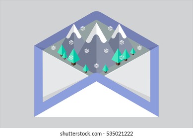 Email icon. Envelope mail, winter, holidays, postcard. Flat isometric winter landscape.