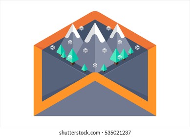 Email icon. Envelope mail, winter, holidays, postcard. Flat isometric winter landscape.