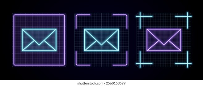 E-mail icon illustration, cyber neon visual, glowing border grid vector.