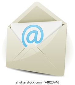 Email Icon/ Illustration of an email icon envelope with 'at' symbol over white background,  with glossy effect (No transparency)