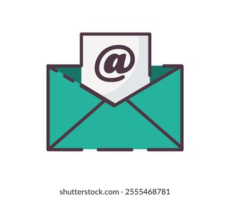 Email e-mail icon illustration. Flat line color icon of a tea email envelope icon with a message featuring the address symbol. Represents digital communication. Colored outline icon.