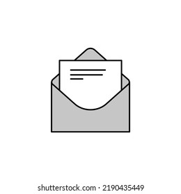 e-mail icon. Mail Envelope Service. Contact message send flat isolated letter,gray color, with paper inside