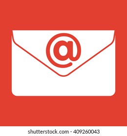 Email icon on red background.