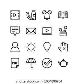 Email icon with open book, movie and umbrella editable symbols. Set of film, play video, movie icons and message concept. Editable vector elements for logo app UI design.