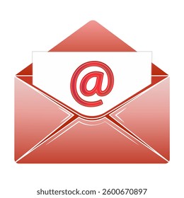 Email icon. An open red envelope with a white letter featuring a prominent. Digital communication, online messaging, internet mail, and electronic correspondence concept