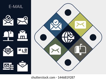 e-mail icon set. 13 filled e-mail icons.  Collection Of - Email, Mail, Envelope, Mailbox, Post office