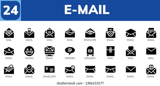 E-mail Icon Set. 24 Filled E-mail Icons.  Simple Modern Icons About  - Mail, Email, Envelope, Yahoo, Arroba, Mailbox