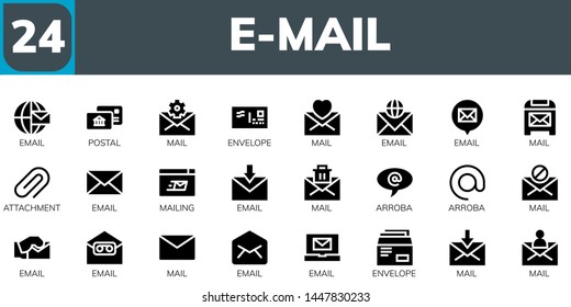 e-mail icon set. 24 filled e-mail icons.  Collection Of - Email, Postal, Mail, Envelope, Attachment, Mailing, Arroba