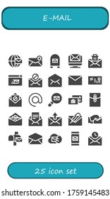 e-mail icon set. 25 filled e-mail icons. Included Email, Mailbox, Mail, Mailing, Envelope, Arroba, Postal icons