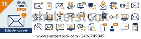 Email icon set. Set of 30 outline icons related to email business. Linear icon collection. Email outline icons collection. Editable stroke. Vector illustration.