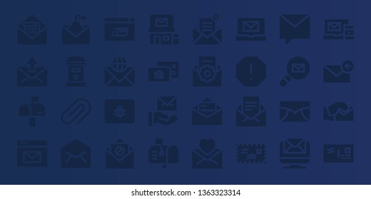 e-mail icon set. 32 filled e-mail icons. on blue background style Collection Of - Mail, Mailbox, Email, Attachment, Mailing, Spam, Post office, Postal, Private message, Envelope
