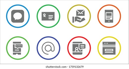 email icon set. 8 filled email icons.  Simple modern icons such as: Message, Smartphone, Envelope, Arroba, Mail, Mobile, Web